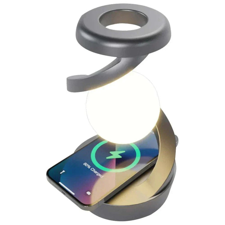 Floating moon table lamp with wireless charging and RGB color options.