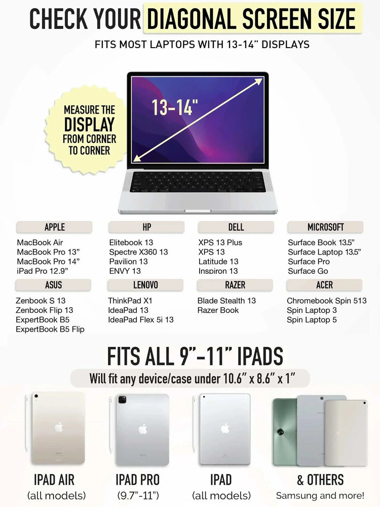 Laptop bag and tablet sleeve size chart; fits 13”-14” laptops and 9”-11” iPads.