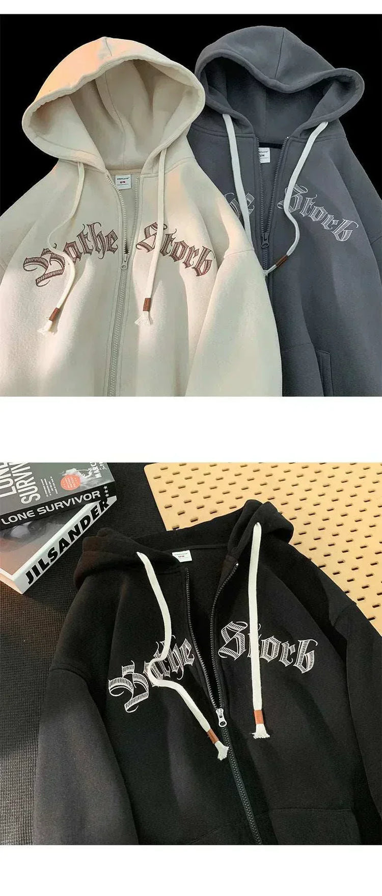 Goth streetwear jackets in beige, gray, and black with 3D letter design, hooded and zip-up style for autumn/winter.