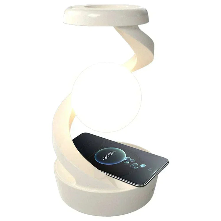 Floating moon table lamp with wireless charging and gesture control.