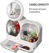 Cosmetic display case with touch screen LED light, large capacity, and multiple compartments for makeup organization.