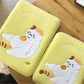 Cute yellow laptop sleeve pouch for women featuring cartoon cat design, available in various sizes for MacBook and iPad.