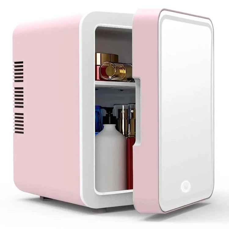 Mini skincare fridge with mirror, compact size, pink design, stores cosmetics.