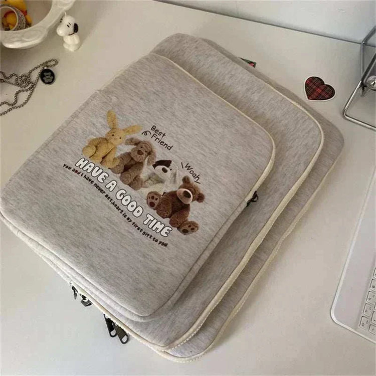 Women cute laptop sleeve case with cartoon design, protective pouch for tablets and laptops, available in multiple sizes.