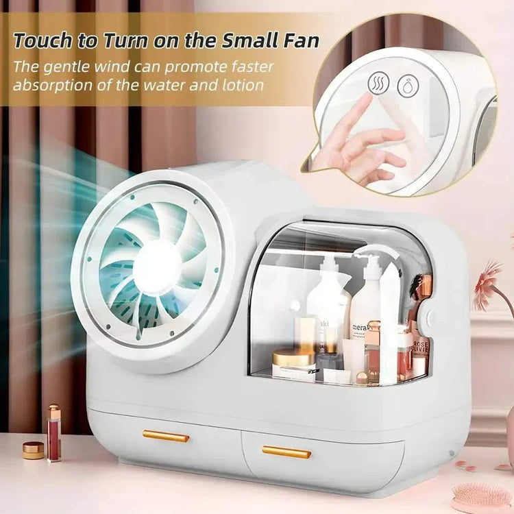 Cosmetic display case with touch screen LED light and fan, showcasing elegant design and storage compartments for beauty products.