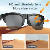 HD anti-ultraviolet lens on stereo Android glasses with Bluetooth headphones for clearer vision.