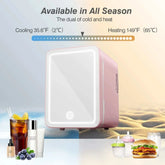 Mini skincare fridge with mirror for beauty and makeup, dual cooling and heating, compact design.