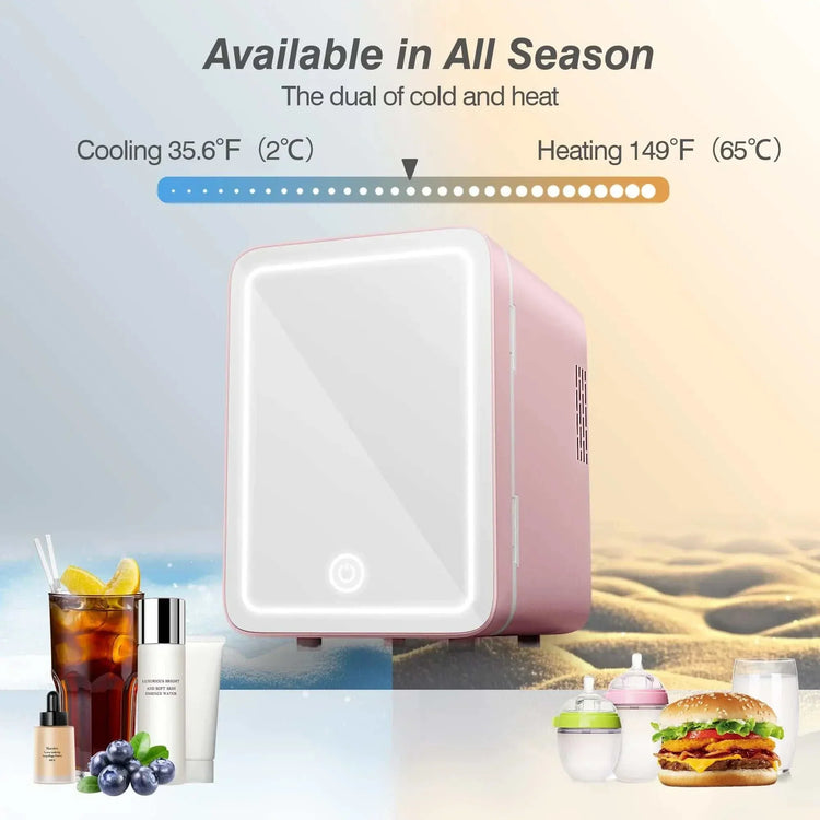 Mini skincare fridge with mirror for beauty and makeup, dual cooling and heating, compact design.