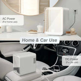 Mini skincare fridge with mirror for home and car use, AC and DC power options.