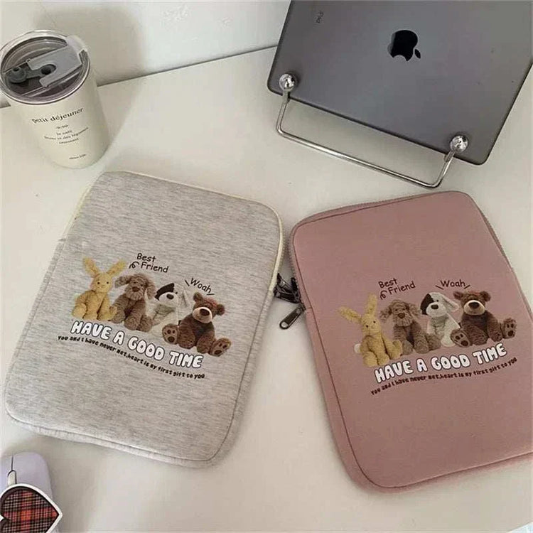 Women cute laptop sleeve cases with cartoon design, available in gray and pink, featuring a protective pouch for Macbook and iPad.