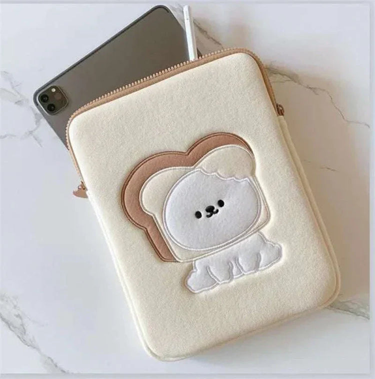 Cute cartoon laptop sleeve case with bread design for women, fits 11-15.6 inch devices.