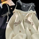 Goth Streetwear Jackets Coats in black, grey, and beige with hood and letter print design.