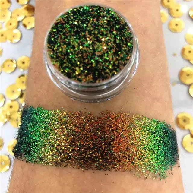 Chameleon eyeshadow with shimmering green and gold pigments.