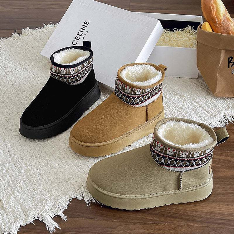 Fleece-lined thick fashion ethnic style women's cotton boots in black, brown, and antelope brown.