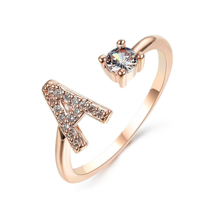 Elegant adjustable 26 initial letter ring with zircon, vintage style fashion jewelry for women.