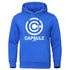 Blue hoodies sweatshirt for men and women with Capsule Corp logo, polyester material, various sizes available.