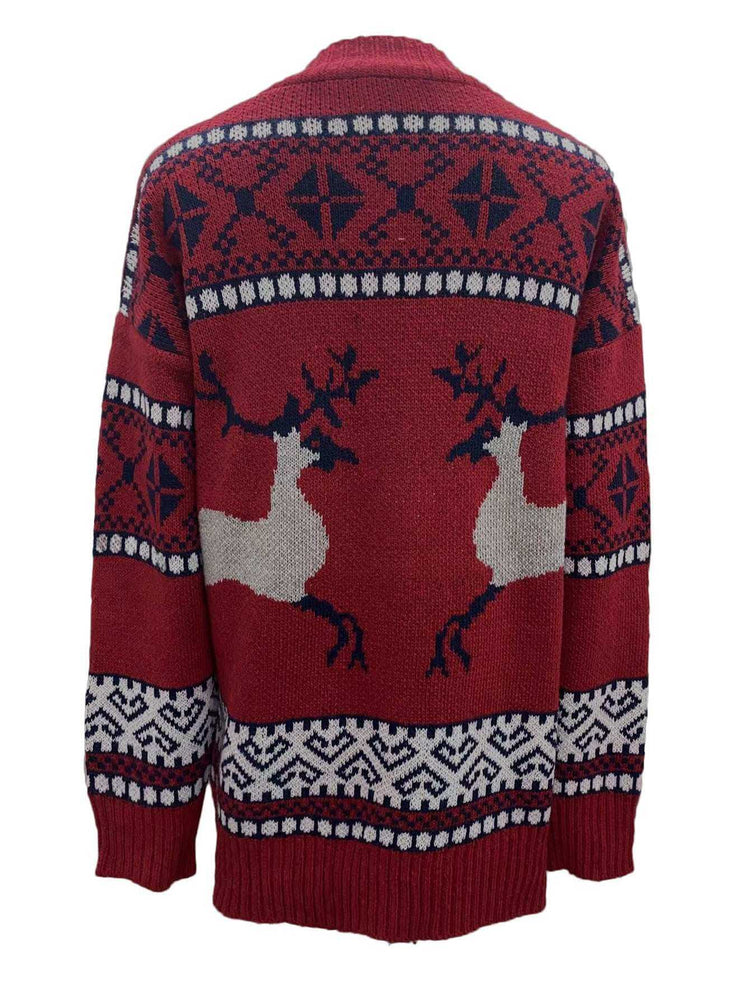 Red Christmas sweaters cardigan coat with reindeer pattern and geometric designs, long sleeves, knitted polyester fabric, Japanese and Korean casual style.