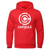 Red hoodie with Capsule Corp logo, made of polyester, leisure style.