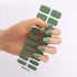 Gel nail stickers semi-curing heating lamp hardening nail sticker in green pattern on hand.