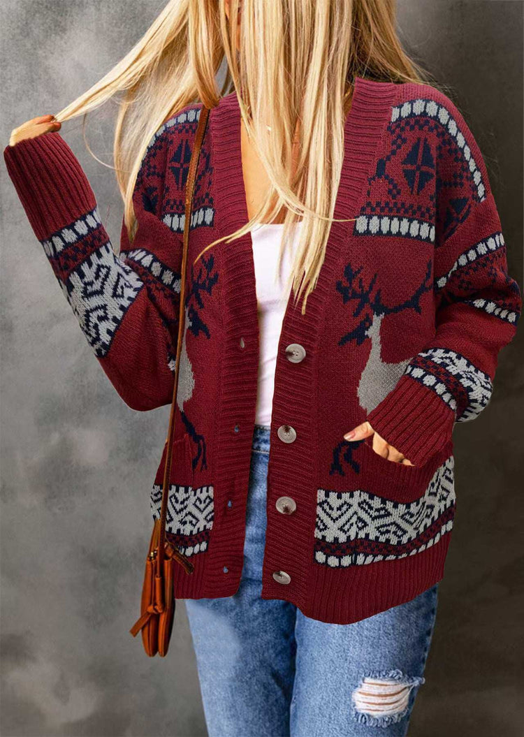 Christmas-themed cardigan coat with reindeer pattern in red and blue, featuring buttons and long sleeves.