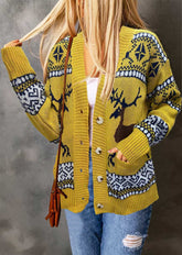 Yellow Christmas cardigan coat with reindeer pattern and button closure, long sleeves, casual style.