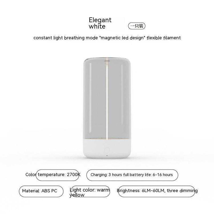 Elegant white LED camping light with constant light and breathing modes, magnetic LED design, and flexible filament.