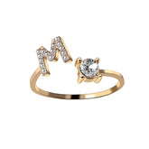 Adjustable initial letter ring with zircon, fashionable women&