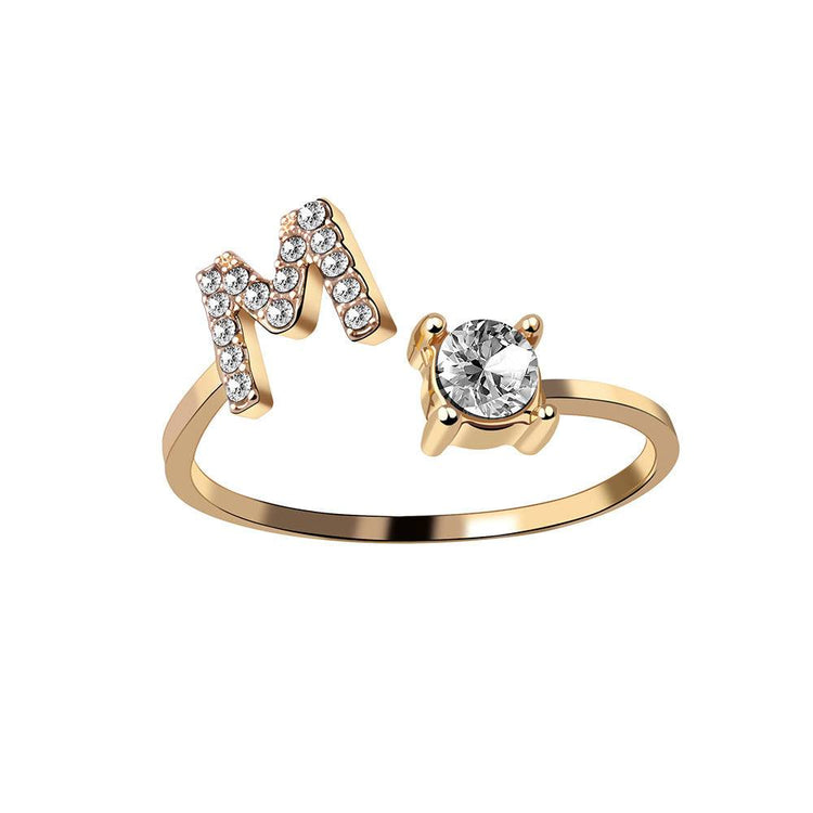 Adjustable initial letter ring with zircon, fashionable women's jewelry.