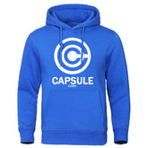 Blue polyester hoodie sweatshirt with "Capsule Corp." logo, featuring a leisure style design.