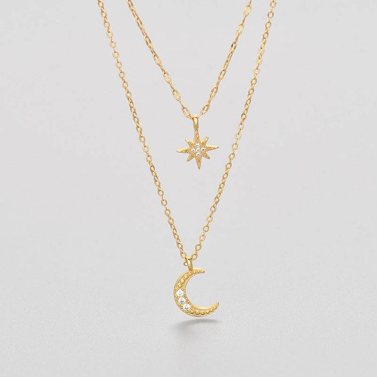 Moon double-layer necklace with star and moon pendants, electroplated copper, cross chain, yellow gold color.