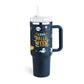 Halloween-themed thermos cup with handle and straw, perfect for keeping drinks hot or cold.