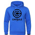 Blue polyester hoodie sweatshirt with CAPSULE CORP logo, leisure style, available in multiple colors and sizes S-3XL.