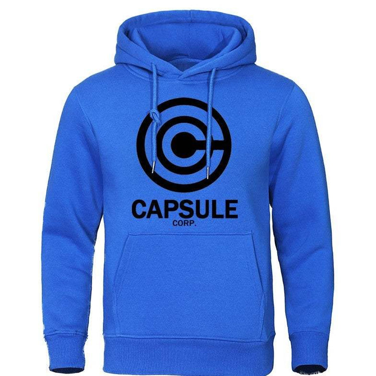 Blue polyester hoodie sweatshirt with CAPSULE CORP logo, leisure style, available in multiple colors and sizes S-3XL.