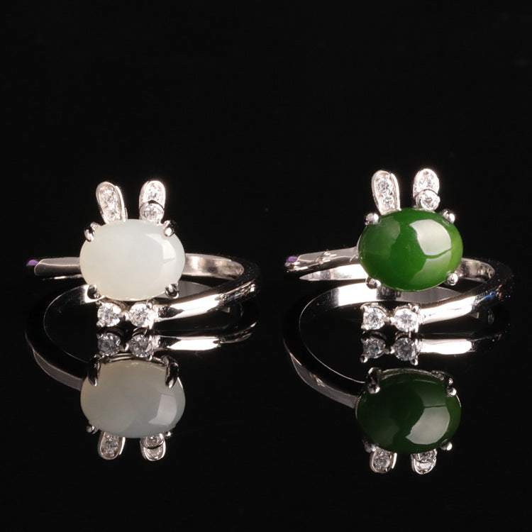 Sterling silver 925 retro rabbit jade adjustable rings with Hetian jade inlay, chic design.