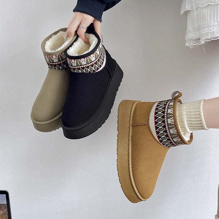 Fleece-lined fashion ethnic style short women's cotton boots in black and antelope brown, casual winter wear.