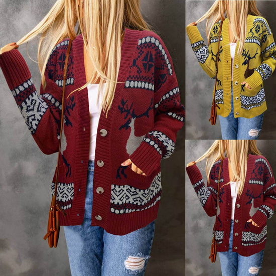 Christmas Sweaters Cardigan Coat in red and yellow, featuring festive patterns, medium thickness, and long sleeves. Perfect for casual Japanese and Korean style outfits.