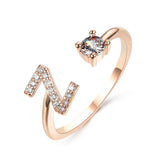 Elegant adjustable 26 initial letter ring with zircon stones, vintage design jewelry for women.