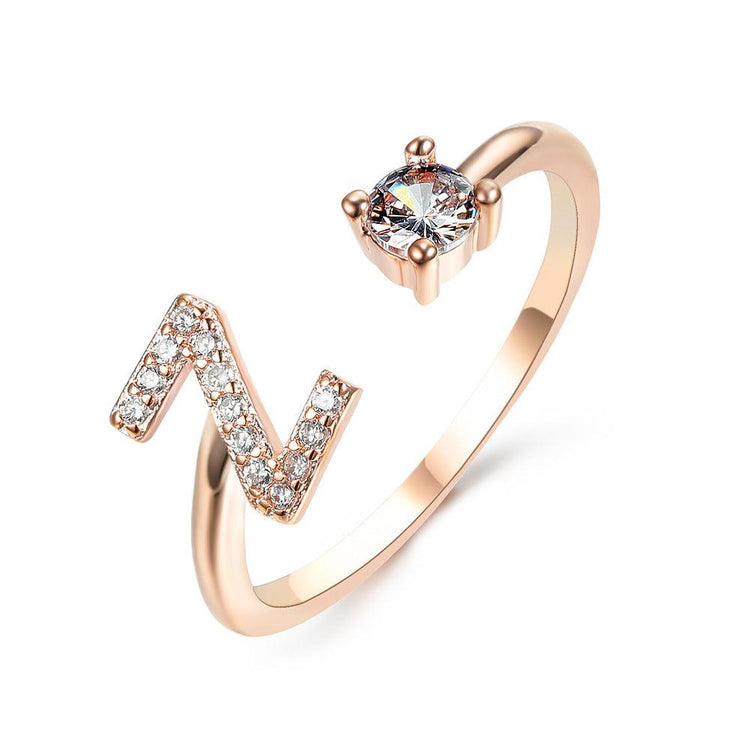 Elegant adjustable 26 initial letter ring with zircon stones, vintage design jewelry for women.