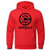 Red hoodie sweatshirt with "Capsule Corp" logo, polyester material.