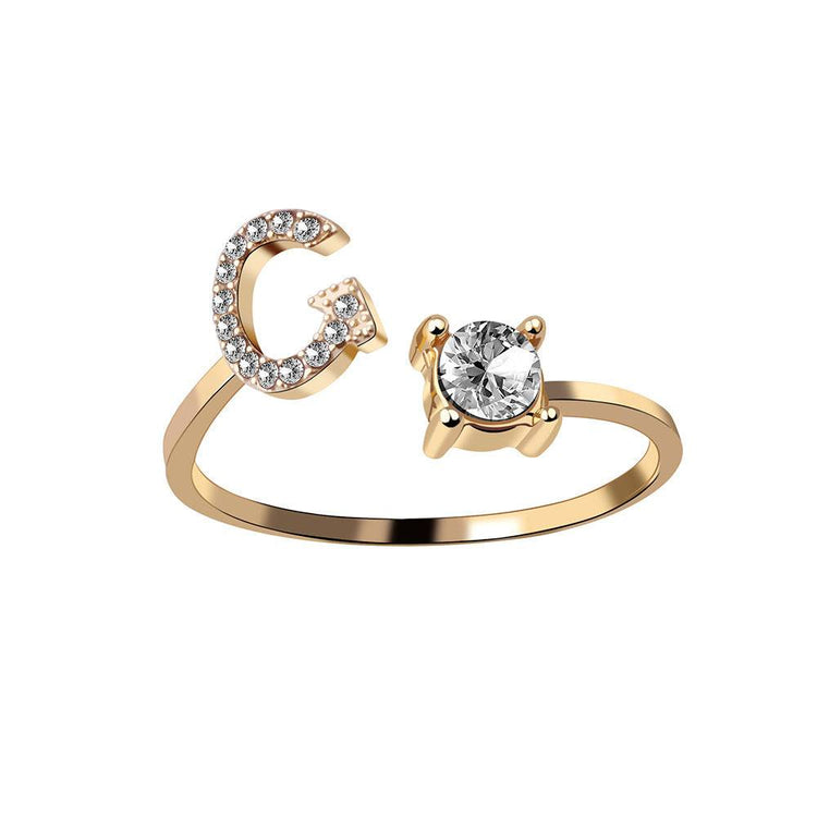 Adjustable 26 initial letter ring with zircon, elegant design for women.