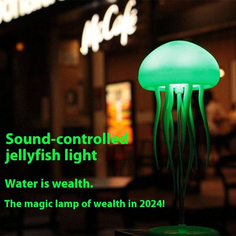 Jellyfish Mood Lamp LED displaying green light in a dimly lit setting.