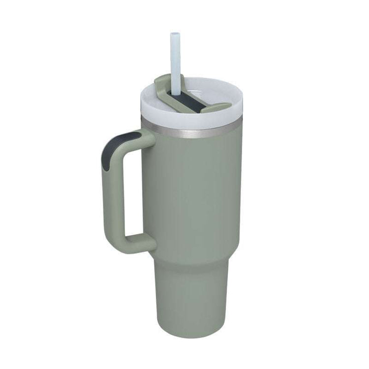 Insulated thermos cup with handle and straw, sleek design, premium stainless steel.