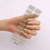 Gel nail stickers with glitter pattern on a hand, featuring semi-curing and hardening properties.