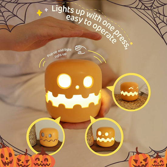 Pumpkin Lamp Bedside with LED light, easy press operation, cozy night light.