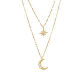 Moon double-layer necklace with rhinestone moon and star pendants in yellow gold for women.