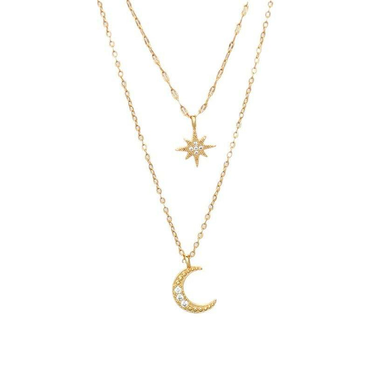 Moon double-layer necklace with rhinestone moon and star pendants in yellow gold for women.