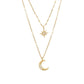 Moon double-layer necklace with rhinestone moon and star pendants in yellow gold for women.