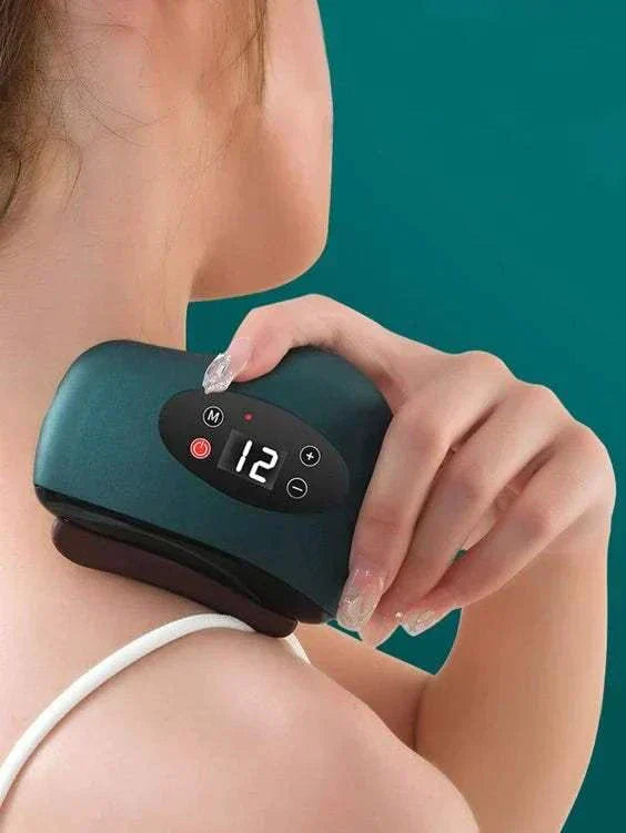 Gua Sha Electrical device in use on a woman's neck, displaying customizable settings for advanced skincare.