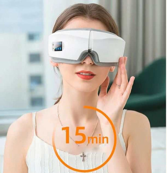 4D intelligent eye massager in use for relaxation and reducing eye fatigue.