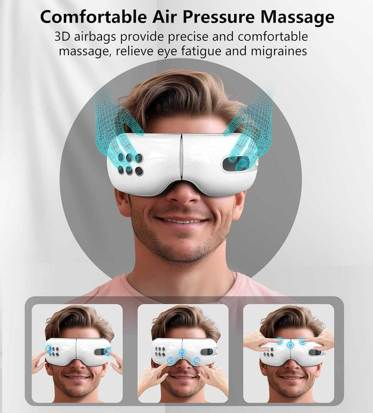 4D Intelligent Eye Massager providing comfortable air pressure massage, relieving eye fatigue and migraines.